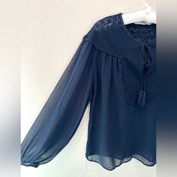ZARA | Basic Navy Blue Sheer Eyelet Lace Boho Chic Long Sleeve Blouse | Small - Picture 3 of 6